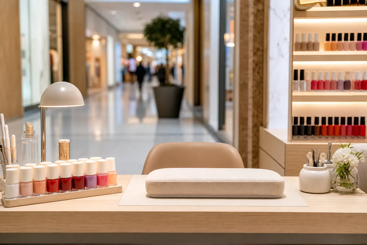 Comptoir de manucure ouvert sur l’allée d’un centre commercial
