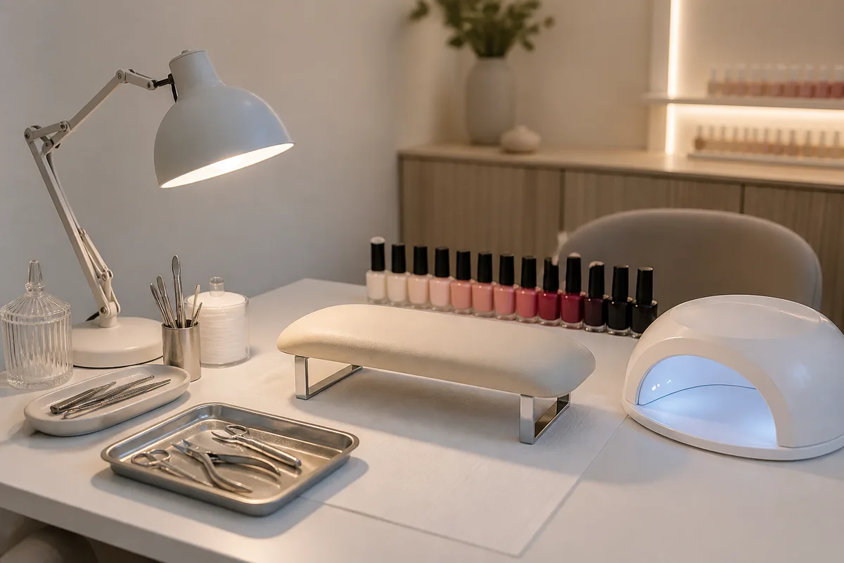 Poste de travail de manucure avec instruments stérilisés et lampe UV