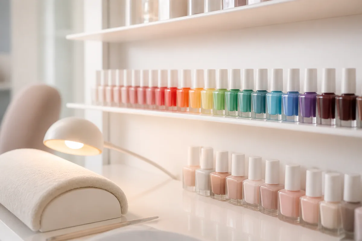 Éventail de nuanciers de vernis colorés disposé sur un plan de travail clair d'institut