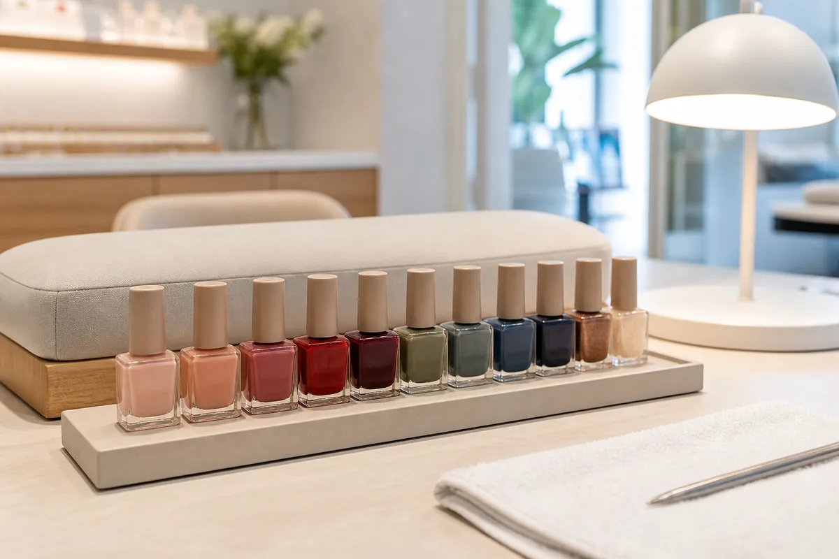 Alignement de flacons de vernis aux teintes saisonnières sur une tablette