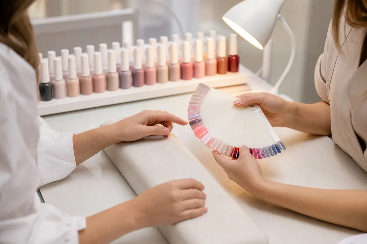 Cliente échangeant avec une prothésiste ongulaire devant un nuancier