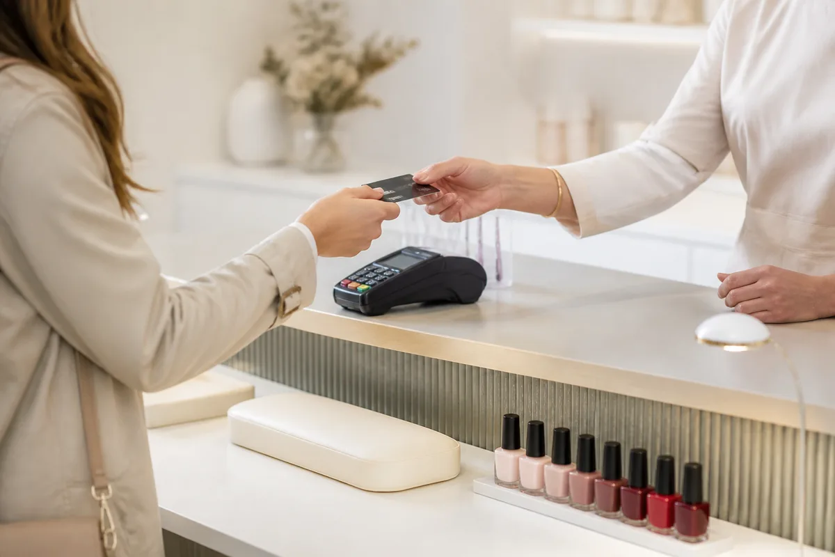 Cliente réglant une prestation à l&rsquo;accueil d&rsquo;un institut de beauté