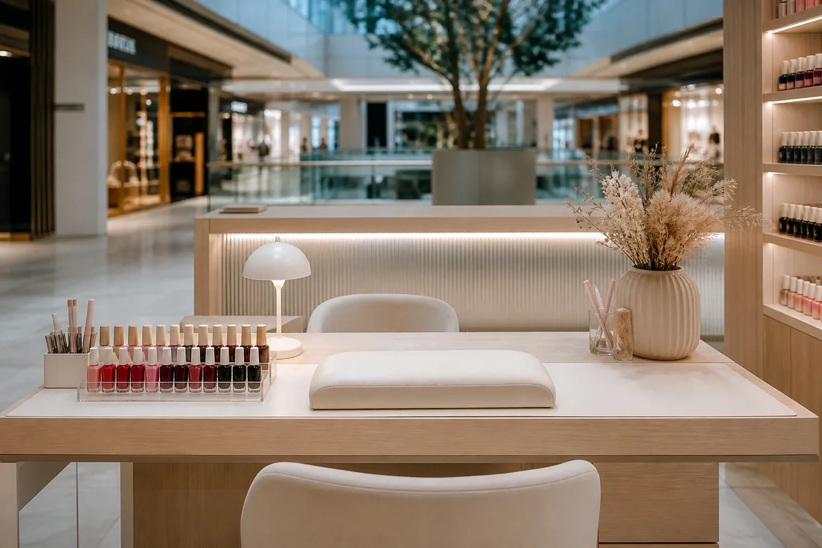 Vitrine d’un bar à ongles installé dans l’allée centrale d’une galerie marchande